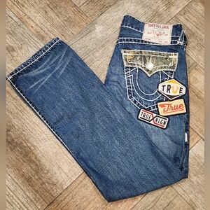 NWT Unique True Religion Blue Men's Jeans With Patches Relaxed Straight 32X32
